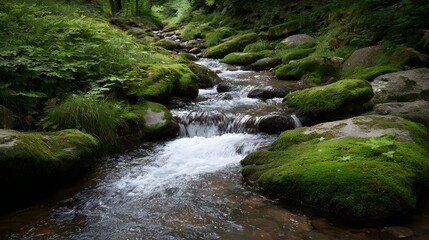 A cool clear stream cascades over moss covered rocks in a lush green forest evoking a sense of natural tranquility