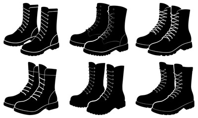 Collection of black boots with laces arranged in two rows on a white background