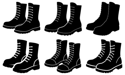 Collection of black boots with laces and soles displayed from various viewpoints