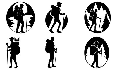 Hikers with backpacks and trekking poles featured in circular silhouettes against scenic mountainous landscapes