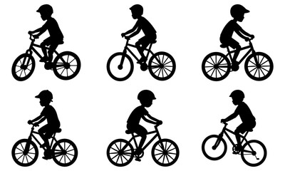 Silhouettes of cyclists riding bicycles in various positions on a white background from different viewpoints