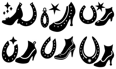 Collection of horseshoes and high-heeled shoes silhouetted against a clean background, adorned with stars and sparkles