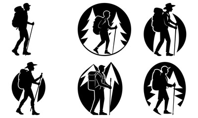 Hikers with backpacks and trekking poles in various silhouetted poses against mountainous landscape