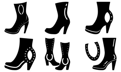 Collection of black high-heeled boots and shoes with decorative elements showcased from various viewpoints