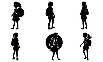 Silhouetted children walking with backpacks and bags, showcasing different postures and actions from various viewpoints