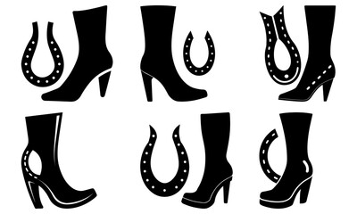 Collection of black high-heeled shoes and boots paired with horseshoes in various configurations on a clean background