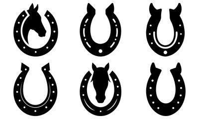 Collection of black horse head silhouettes with horseshoes on a white background, showcased in a grid formation from different viewpoints