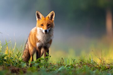 Obraz premium A Fox Standing Quietly in the Morning Fog Within Its Natural Habitat