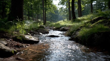 A serene forest stream with clear flowing water sparkling sunlight and moss covered rocks creating a peaceful natural landscape