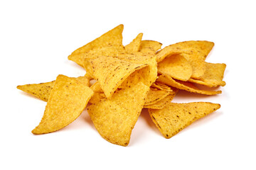 Pile of seasoned corn tortilla chips, golden color, salty flavor, isolated on white background © GSDesign