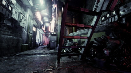 A dimly lit alleyway brimming with contrasts. Neon lights illuminate the walls, while debris and shadows hint at a busy urban life left behind.