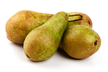 Three ripe pear fruits with textured brown and green skin, isolated on white background.