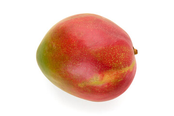 Ripe red mango with textured skin and firm stem, isolated on white background.
