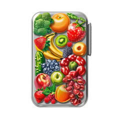 Colorful fruit design on a silver container