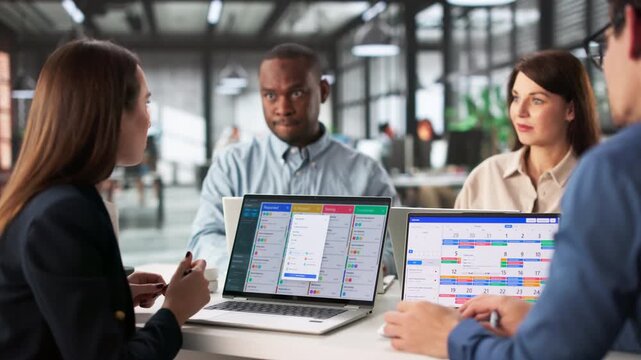 Multiracial Team Meeting To Plan Schedule Using Kanban