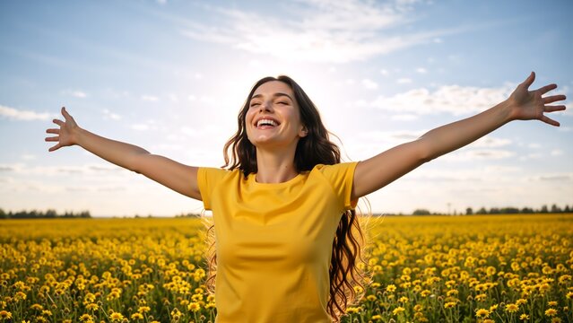 Happy young woman with arms open in a field of yellow flowers. Freedom and joy concept during summer sunset. Cheerful female enjoying nature and sunlight