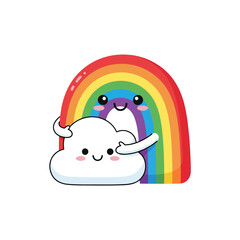 Naklejka premium Cheerful cartoon cloud embracing a vibrant rainbow with happy expressions, a delightful vector illustration.