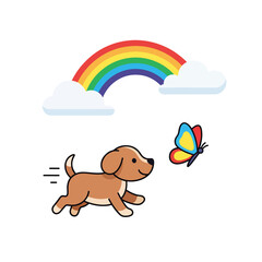 Fototapeta premium Cheerful puppy chases a butterfly under a vibrant rainbow in a playful outdoor vector illustration.
