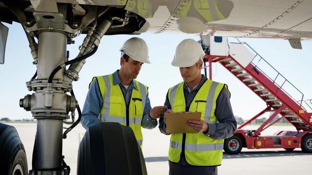 Aircraft maintenance mechanics inspecting landing gear