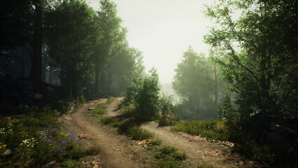 Fototapeta premium A tranquil forest path winds through lush greenery, bathed in soft morning light. Dew kissed leaves and wildflowers line the trail, inviting a peaceful stroll in natures embrace.