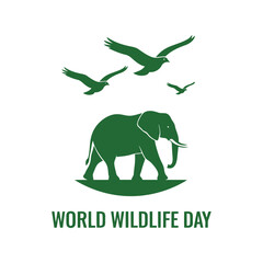 Naklejka premium World Wildlife Day vector illustration with elephant and birds silhouette for conservation campaigns
