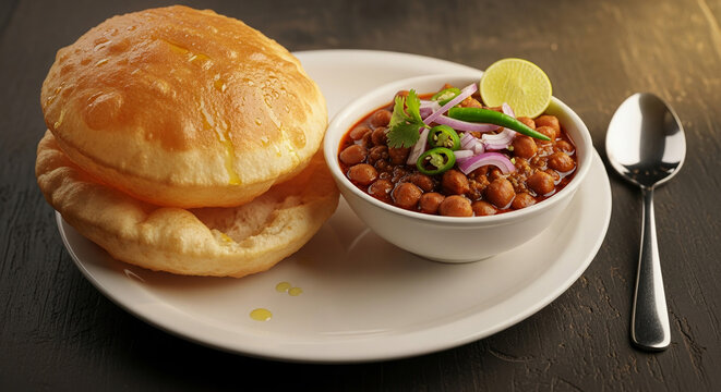 Authentic Indian Chole Puri Platter Savory Chickpea Curry Paired with Golden, Fluffy Fried Bread, Garnished with Fresh Onion, Green Chili, and Zesty Lime