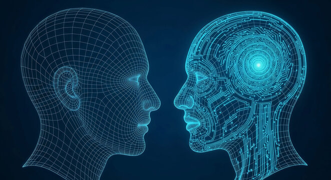 Two digital heads, one wireframe and one circuit-patterned, facing each other in a symbolic representation of AI and human intelligence.
