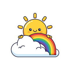 Fototapeta premium Cheerful Sun Character Peeking Over Cloud with Vibrant Rainbow Vector Illustration