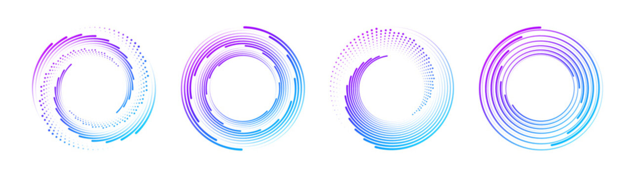 Futuristic circular logo with neon geometric lines, radial motion swirl and spiral curves in digital space.