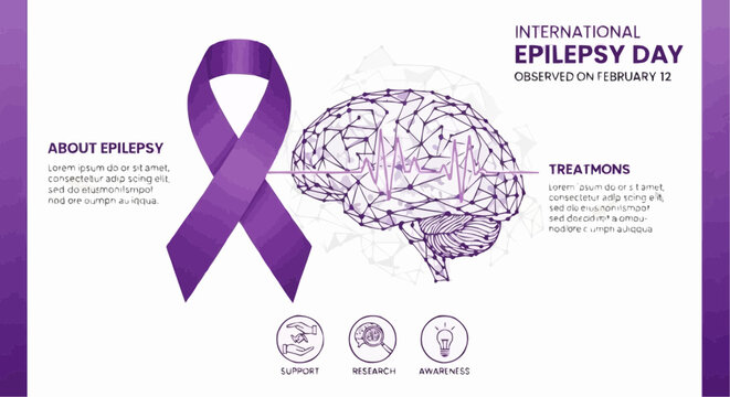 Purple ribbon and brain illustration for international epilepsy day awareness campaign on february 12 with treatment information