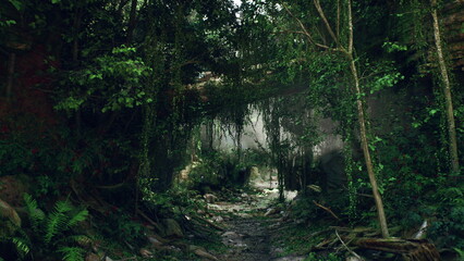 Obraz premium Hidden within the jungle, a winding path reveals itself among thick greenery and ancient stones, hinting at a forgotten past. Sunlight filters through the canopy, creating a magical atmosphere.