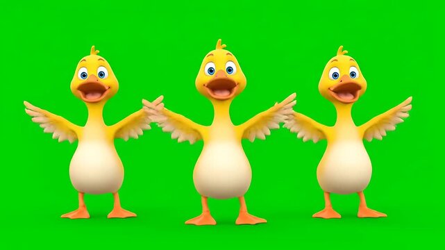 Three adorable and playful animated yellow ducklings, rendered in vibrant 3D, standing cheerfully with open wings on a studio green screen background, perfect for engaging children's content