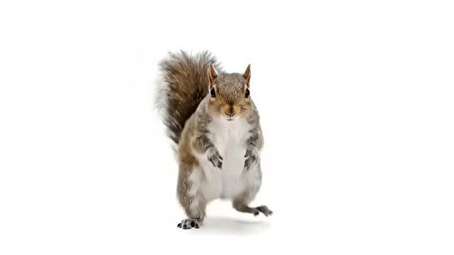A cute squirrel standing on its hind legs, captured against a clean white background, its bushy tail held high