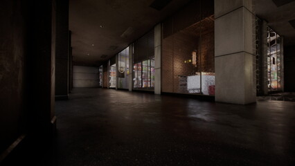 An empty retail space showcases dark floors and reflective glass windows as dusk settles. Shadows play across the interior, creating a moody ambiance in an urban landscape. © icetray