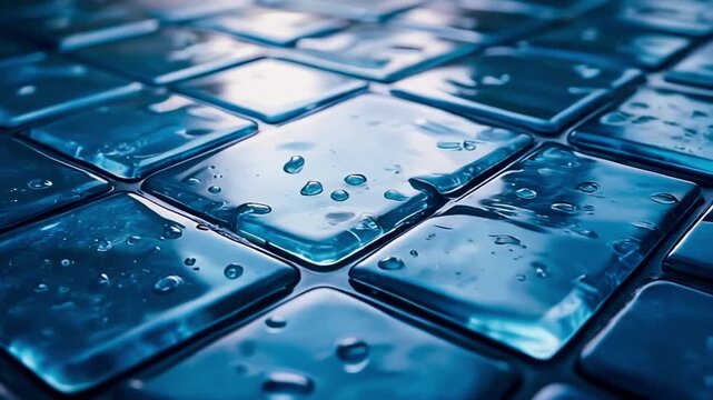 Wet transparent tiles with subtle water ripples and photorealistic reflections, 8K, 2026