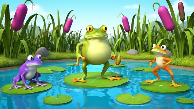 Three colorful cartoon frogs dancing on lily pads in a pond surrounded by reeds and water, a whimsical nature scene