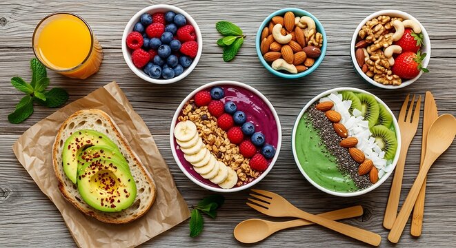 Flat lay of colorful plant based breakfast with avocado toast, smoothie bowl, berries and nuts on rustic wood, highlighting vegan food, healthy brunch and nutrient rich meals.
