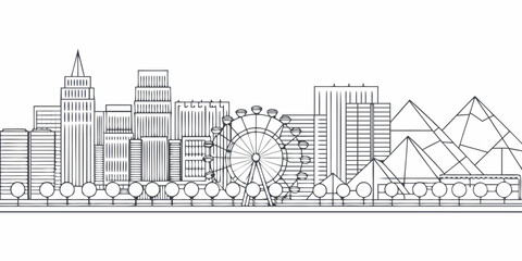 Linear cityscape drawing featuring a ferris wheel and modern buildings