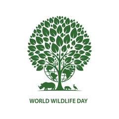 Fototapeta premium World Wildlife Day vector illustration with green tree, animals, and nature conservation concept