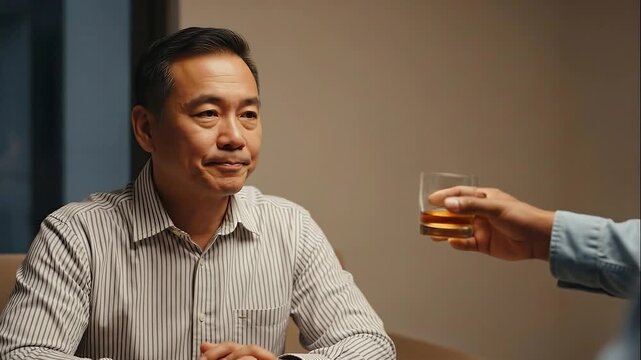 Asian man refusing a drink with a gesture of refusal