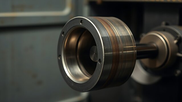 mandrel. A conical metal lathe mandrel rotating with an unfinished tube sleeve fitted over it. safety posters, maintenance manuals, designed for precision metalworking and fabrication facilities.