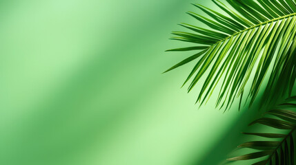 Obraz premium Lush green palm leaves create vibrant tropical atmosphere against soft green background, evoking sense of relaxation and nature beauty