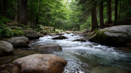 Fototapeta premium A vibrant clear river with white water rapids flows over smooth rounded rocks through a lush green forest bathed in natural light