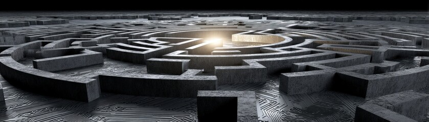 A futuristic maze with illuminated pathways, conveying a sense of mystery and exploration in a dark, intricate environment, AI circuit integrated connectivity