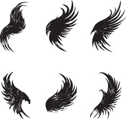 Obraz premium Silhouette black eagle wings set flying spread soaring isolated vector illustration minimalist design logo symbol 