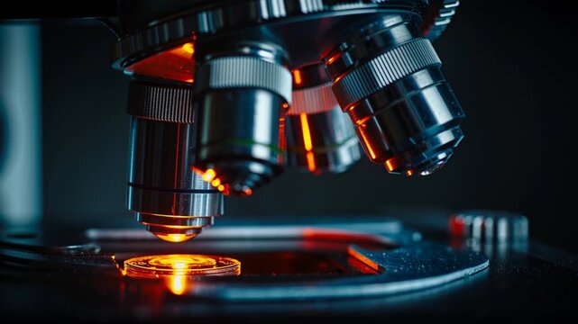 Scientific microscope illuminated against a dark background, lens glass reflecting precise light. Clean laboratory scene highlighting research, analysis, and advanced scientific equipment.
