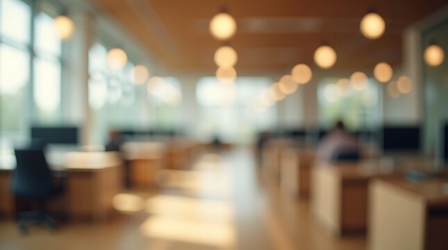 Warmly lit blurred office interior with hanging round pendant lamps and wooden desks in open workspace environment reflecting cozy professional workplace design and evening business mood