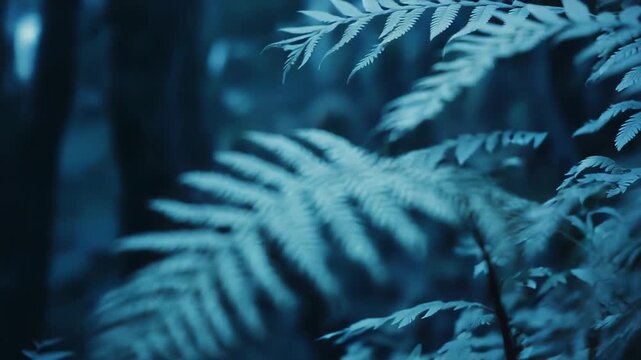 Blue toned fern frond showcasing intricate repeating patterns and textures, evoking serene forest growth, lush foliage detail and cool, tranquil botanical atmosphere