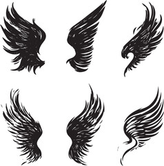 Obraz premium Set of six black eagle wings in flight isolated on white background vector illustration for logo, tattoo, emblem, symbol, design 