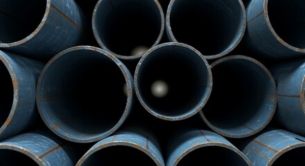 Abstract close-up: Stacked weathered blue metal pipes, rust details, circular openings, textured surfaces